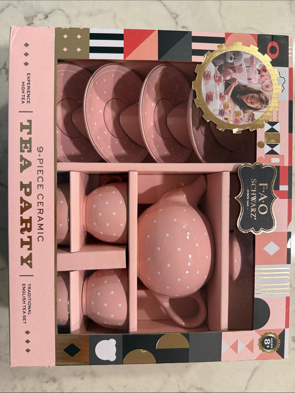FAO Schwarz Pink with White Polka Dots Ceramic 9-Piece Tea Set